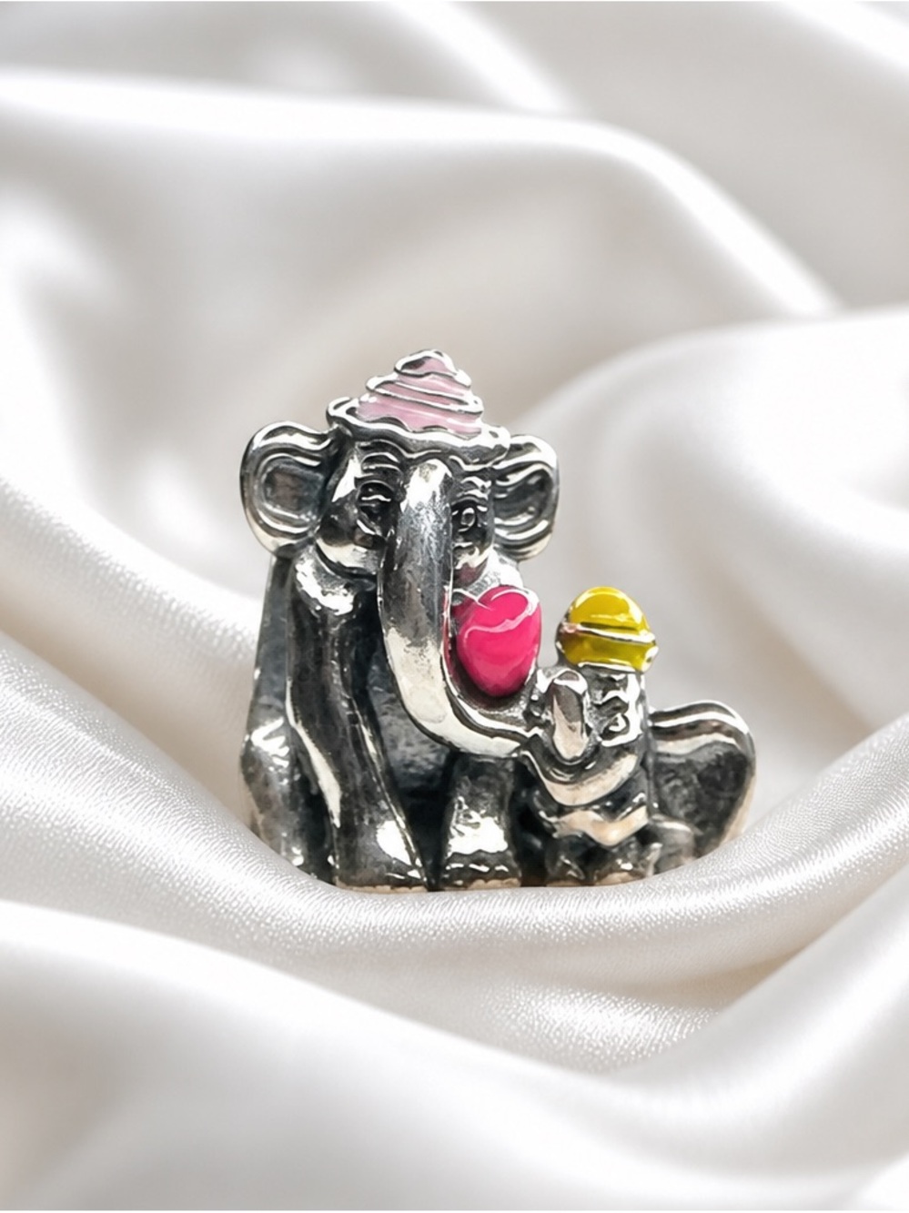 Silver Elephant Mother & Baby Charm Pink and Yellow Accents new with out tag